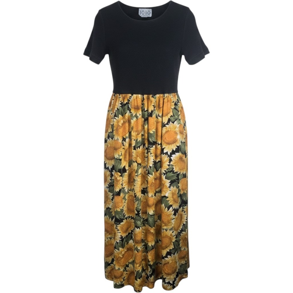 Vintage 90s 1010 Design Sunflower Maxi Dress Ribbed Top Grunge Boho Sz Medium
